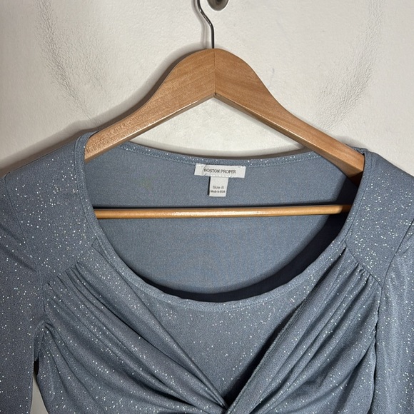 Boston Proper Gray Silver Shimmer Twist Knot Front long sleeve top size S - Picture 5 of 10